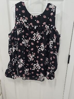 LOFT Black Cold-Shoulder Floral Camisole with Pink and White Print